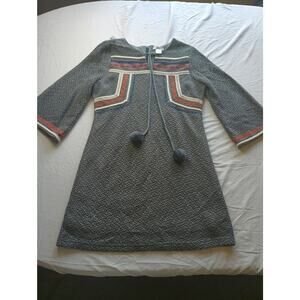 Esley Women's Boho Bell Sleeve Knit Dress Pompom Draw String, Size Medium